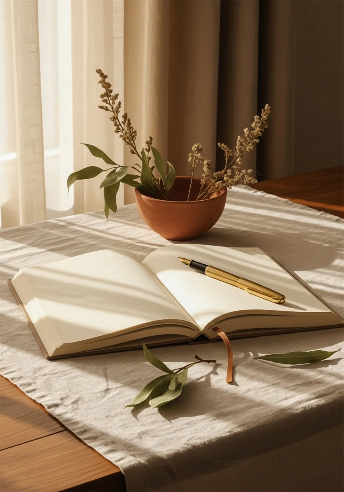 An open journal with a brass fountain pen on a linen-covered desk, a small clay bowl with dried botanicals beside it, lit by warm afternoon sunlight